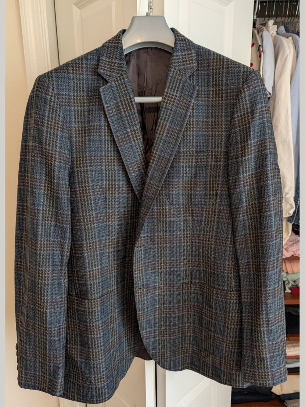 LNWOT Jaegar Wool Cotton Blue Plaid Tweedy Sport Coat Jacket Patch Pockets US42R